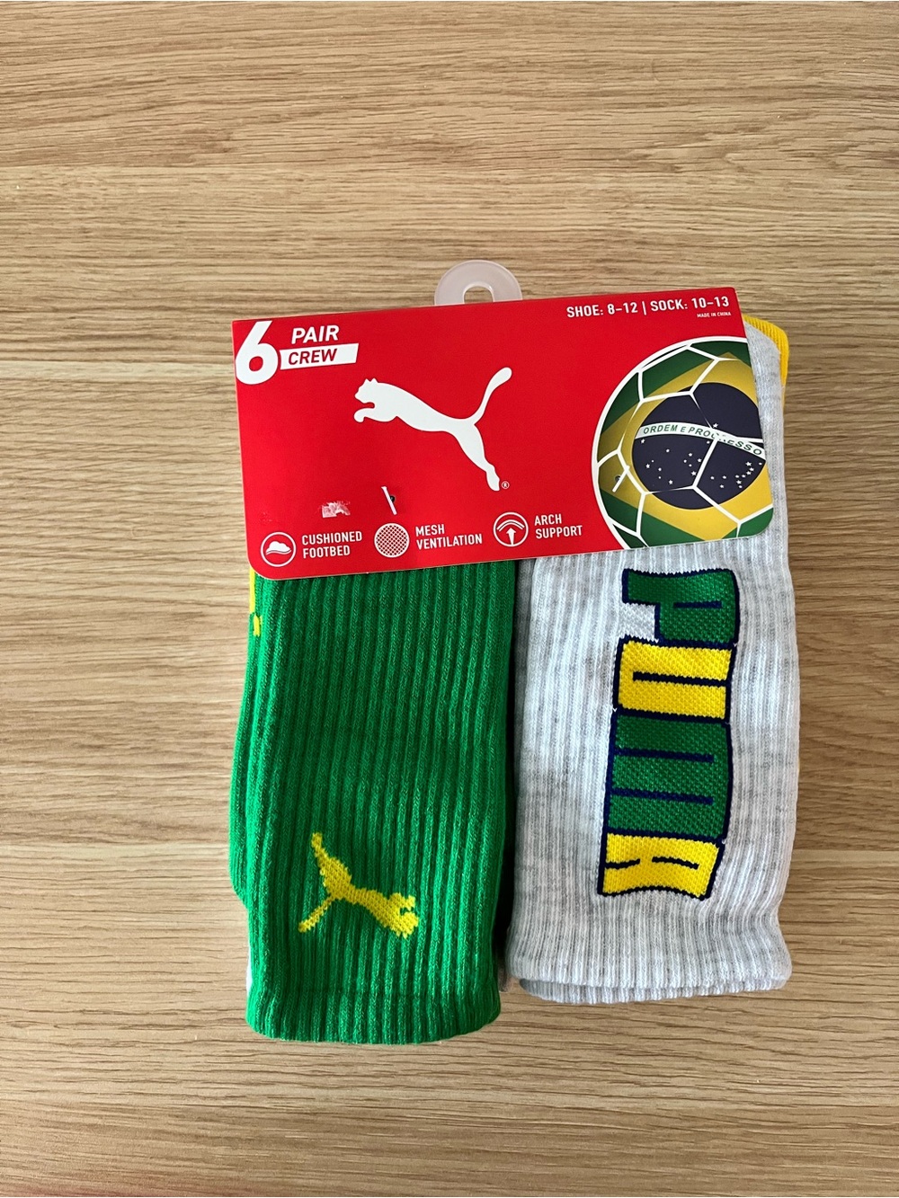 Puma Brazil World Cup 2026 Socks - Green, Gray & Yellow (6 Pair)